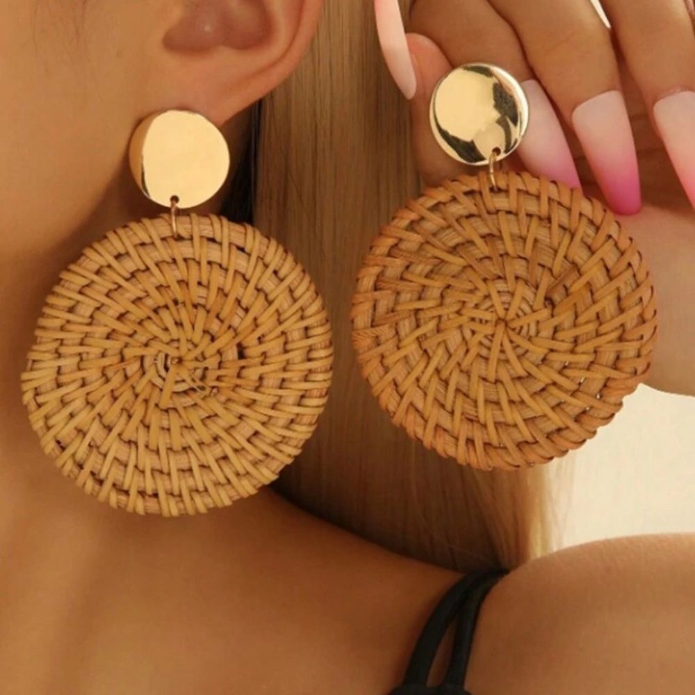 3for$20 Boho Handmade Geometric Wooden Rattan Braid Drop Earrings For Women